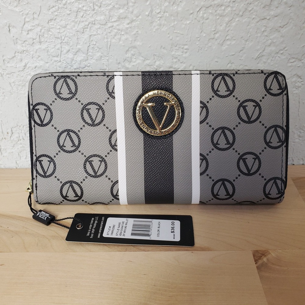 Vera Signature Zip Around Wallet Black And Gray Style VNWS22952 Gold Zipper NEW